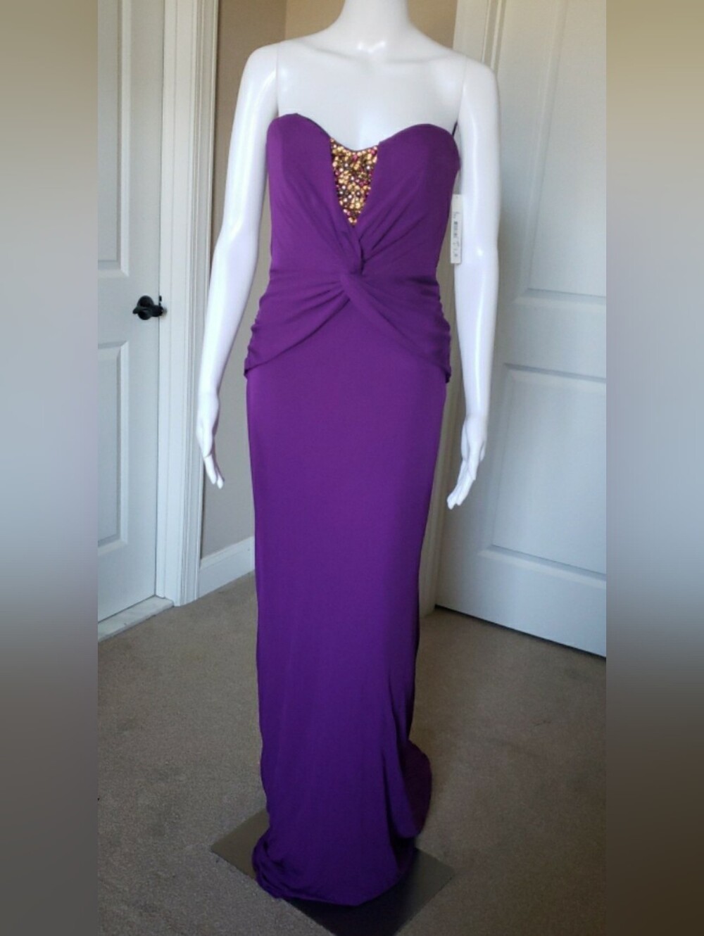 Badgley Mischka Strapless Purple Evening Gown with Jeweled Inset